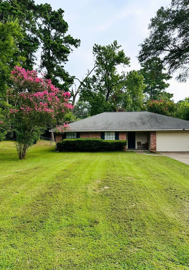 One-story brick house with gray roof, manicured lawn, blooming pink crepe myrtle tree, and towering oak trees